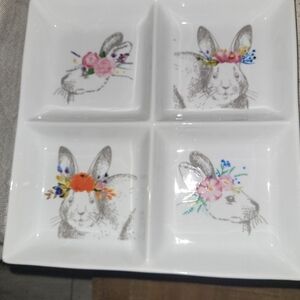 White Ceramic Bunny Appetizer Dish with Pink Floral Accents